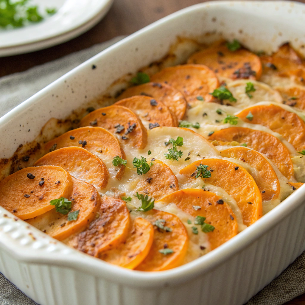Creamy Garlic Butter Sweet Potato Bake