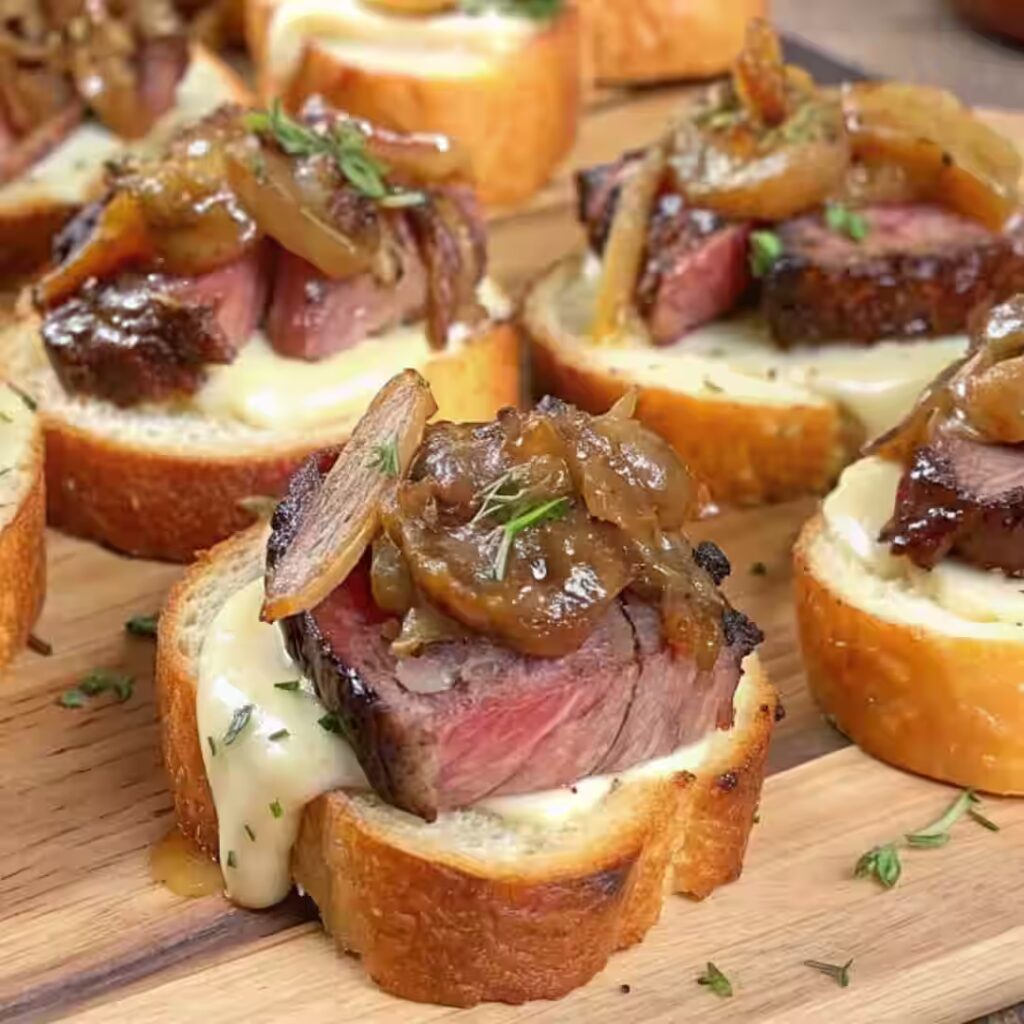 Steak Crostini with Horseradish Sauce & Caramelized Onions