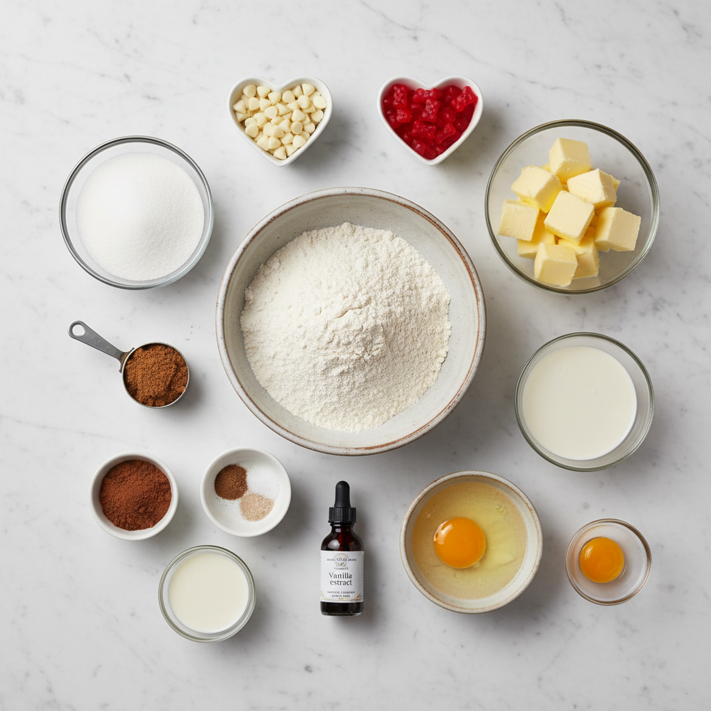 Valentine's Day Red Velvet Bear Cookies ingredients laid out on counter